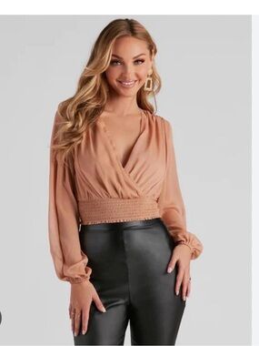 Windsor taupe Wrap Smocked-Waist Blouse
